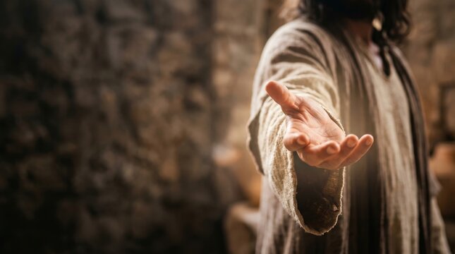 Jesus man in ancient robe reaching out hand. Biblical religious figure offering help and guidance. Symbolic gesture of salvation, faith, hope, mercy and forgiveness in spiritual context.