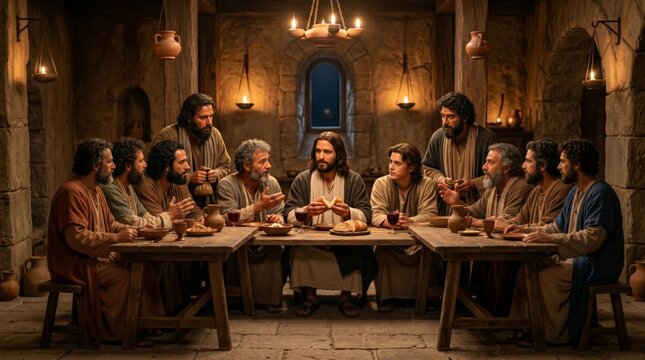 Jesus and twelve disciples seated at wooden table during Last Supper. Biblical scene representing holy communion and Christianity. Gathering of group of men in historic robes.