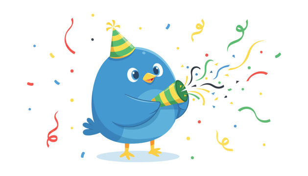 Celebrating Bird Wears Party Hat and Blows Horn