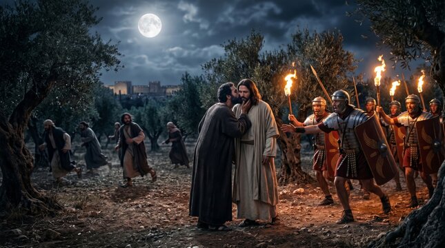 Judas betraying Jesus with a kiss under the full moon in the garden of Gethsemane. Roman soldiers arresting Christ. Biblical scene of betrayal, sacrifice, faith and historical drama.