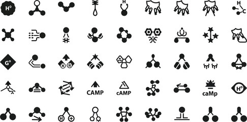 Obraz premium Molecular structures and chemical reaction icons are displayed in a clean, black and white grid layout suitable for scientific presentations and educational materials.