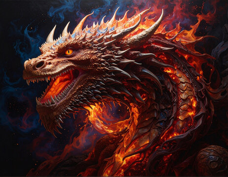 Fiery dragon with scales and horns