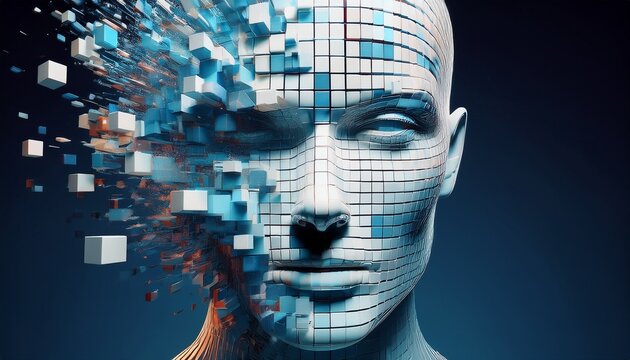digital pixelated head face disintegrating 3d artificial intelligence futuristic technology cyber glitch abstract blue white squares cubes dissolving transparent modern innovative