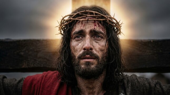 Jesus Christ wearing crown of thorn on wooden cross. Religious depiction of crucifixion and sacrifice. Spiritual concept for Easter holiday and Christian faith, redemption, forgiveness.