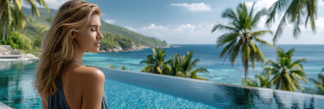 Woman enjoying a peaceful spa vacation, eyes closed in blissful relaxation by an infinity pool overlooking a tropical ocean paradise at a luxury resort