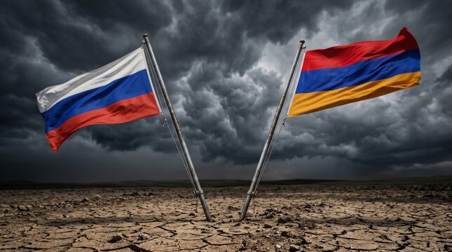 Flag of Russia and Armenia waving over dry cracked earth. Geopolitical tension concept with storm clouds in background. International relations and diplomacy between two countries.