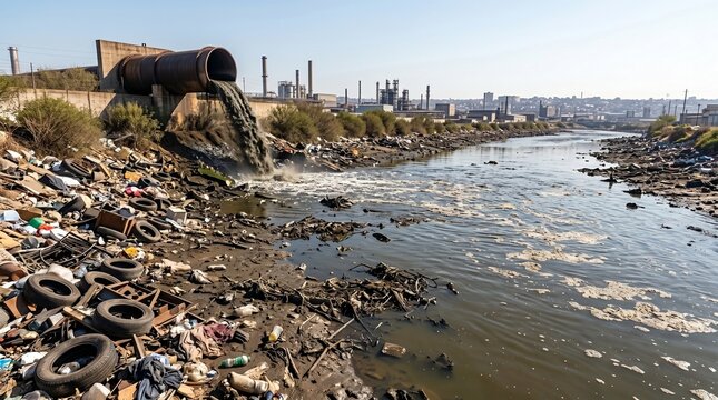 Industrial wastewater discharge pollutes a river with waste near a factory.