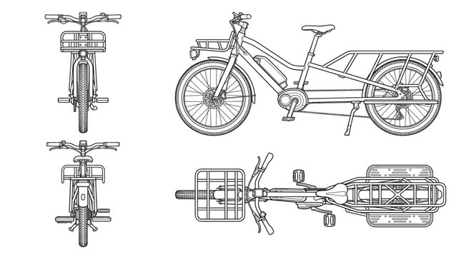 Longtail cargo bike bicycle technical drawing blueprint with front side back and top views CAD line art vector illustration