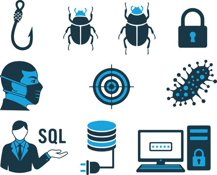 Flat icons representing cybersecurity data protection and health safety on a white background