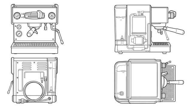 Semi automatic espresso machine technical drawing blueprint with front side back and top views CAD line art vector illustration