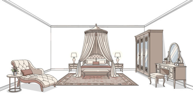 Luxurious bedroom suite features an ornate canopy bed with curtains, a comfortable chaise lounge, and a classic wooden vanity set.