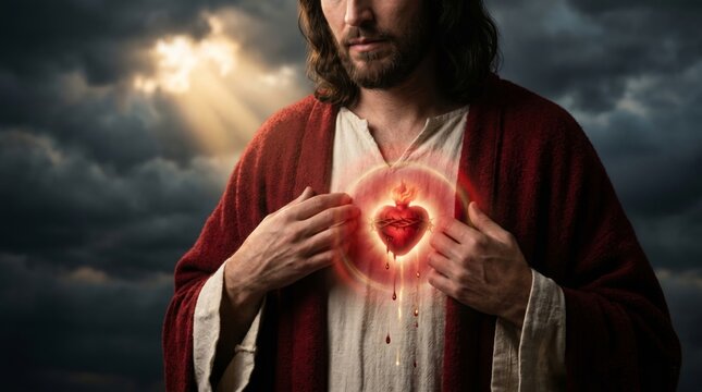 Jesus Christ with glowing sacred heart in chest. Divine religious figure showing bleeding heart with crown of thorn. Christian symbol of love, faith, sacrifice and spirituality concept.