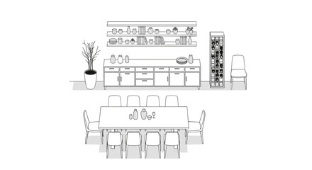 Naklejka premium Minimalist dining room layout features a long table with numerous chairs, a matching sideboard, and a sleek glass display cabinet.