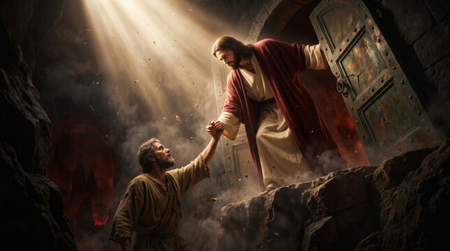 Jesus reaching out a hand to help a man in a dark cave. Man standing in the threshold of light at an open door. Biblical scene of salvation, divine rescue, hope and faith concept.
