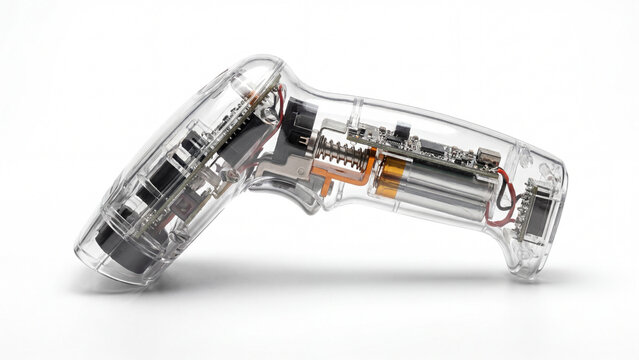 Transparent barcode scanner revealing internal components on white background