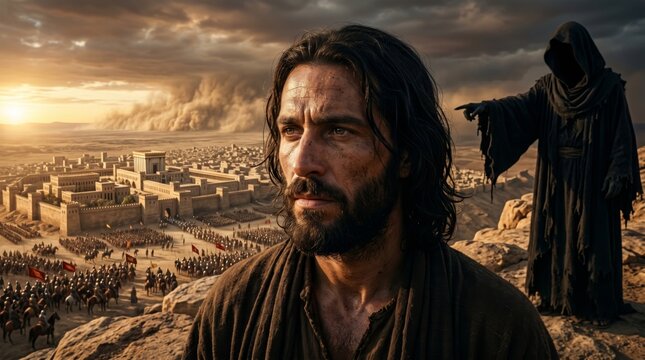 Bearded man standing by a hooded reaper figure looking over an ancient desert city. Biblical narrative of prophecy and doom. Dramatic conceptual scene of destiny, faith, and mortality.