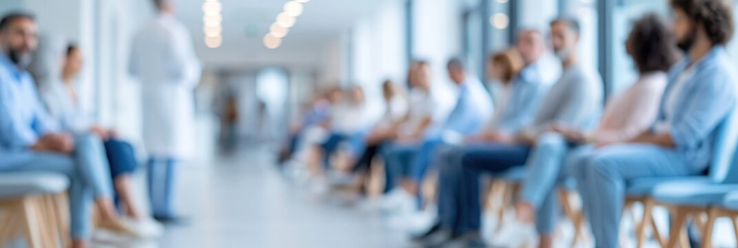 hospital waiting room, patients sitting in chairs, a doctor is standing at one end, bright, clean and modern, blurred background