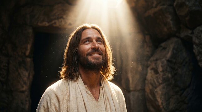 Jesus Christ standing in sepulcher tomb with divine light shining from above. Biblical religious figure resurrection scene. Spiritual hope, faith, salvation and inspiration concept.