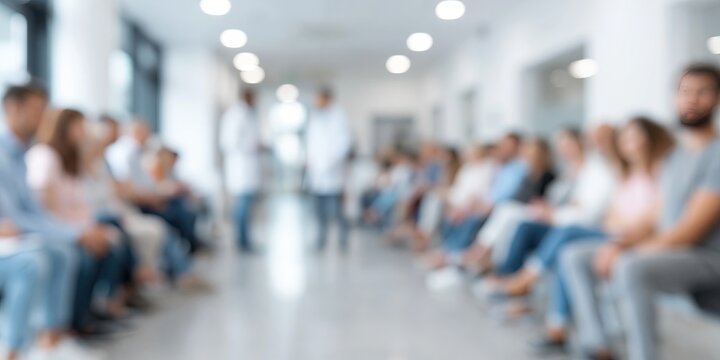 hospital waiting room, patients sitting in chairs, a doctor is standing at one end, bright, clean and modern, blurred background