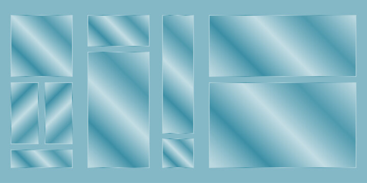 Geometric glass frame collection on blue background with smooth gradient effect.