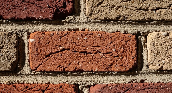 Close-up texture of diverse red and tan bricks with rough mortar.