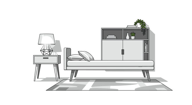 Minimalist bedroom set includes a platform bed, a stylish nightstand with a geometric lamp, and a grey storage cabinet with indoor plants.
