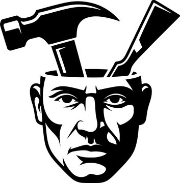 Man face with hammer and screwdriver through head  frustrated expression