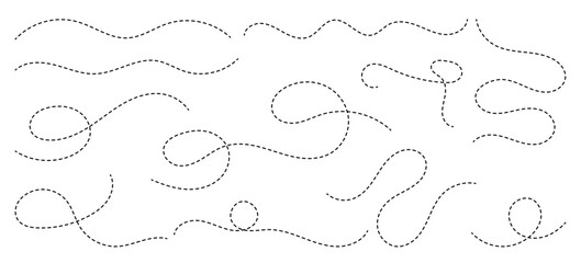 Large collection of hand drawn curve dotted line, spiral dotted line hand drawn, dotted lines path on white background. Path travel dotted line trip dashed trace destination track plan and travelling © Mst