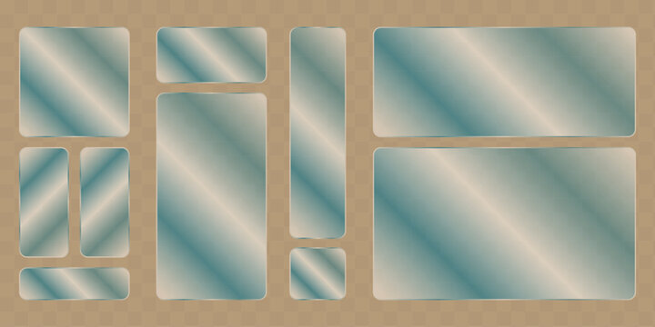 Realistic frosted glass cards with rounded corners on brown textured backdrop.