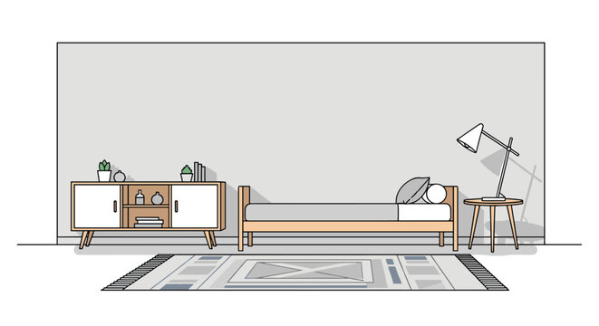 Simple modern bedroom includes a low wooden bed, a two-door storage cabinet, a round nightstand with a lamp, and a large patterned area rug.