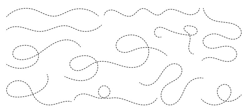 Large collection of hand drawn curve dotted line, spiral dotted line hand drawn, dotted lines path on white background. Path travel dotted line trip dashed trace destination track plan and travelling