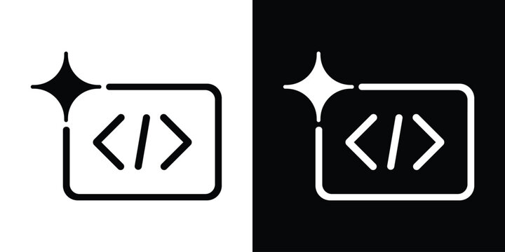 Coding syntax brackets icon enclosed in a frame with a sparkle star, symbolizing clean code, smart programming, or AI code generation.
