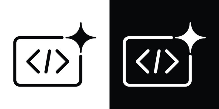 Coding syntax brackets icon enclosed in a frame with a sparkle star, symbolizing clean code, smart programming, or AI code generation.
