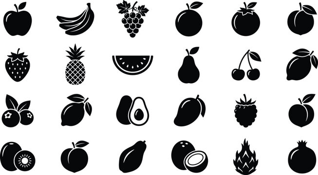 Black silhouette fruit icons set apples bananas berries citrus and tropical fruits collection