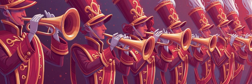 Marching band playing instrumental music in matching uniforms
