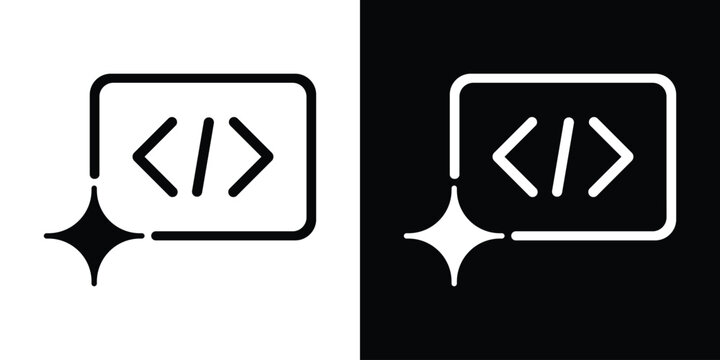 Coding syntax brackets icon enclosed in a frame with a sparkle star, symbolizing clean code, smart programming, or AI code generation.