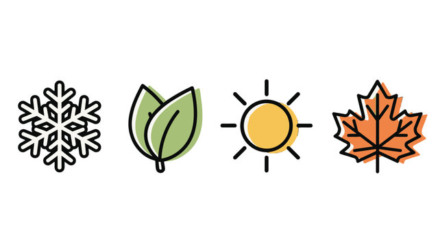 Four distinct icons representing the four seasons: a snowflake for winter, leaves for spring, a sun for summer, and a maple leaf for autumn.