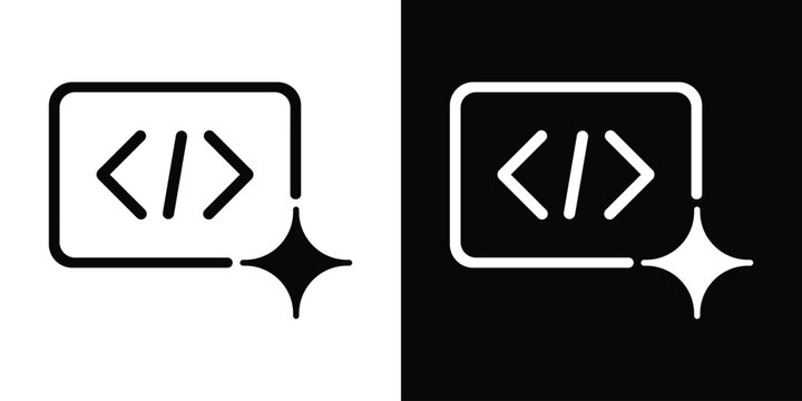Coding syntax brackets icon enclosed in a frame with a sparkle star, symbolizing clean code, smart programming, or AI code generation.