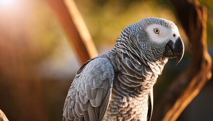 Obraz premium A Gray Parrot Perches On A Tree Branch Illuminated By Soft Sunlight