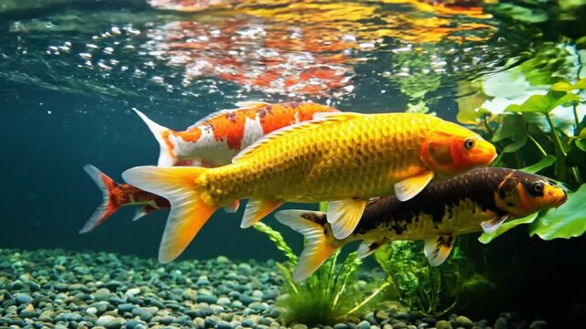 Graceful koi fish swimming gracefully in a vibrant, underwater aquarium with lush aquatic plants and serene ambiance