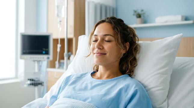 Peaceful Young Woman Smiling While Recovering in Hospital Bed