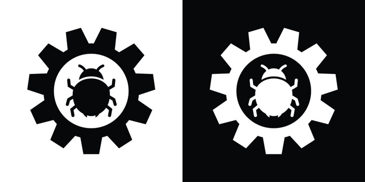 Bug fixing and system optimization icon showing a beetle insect inside a gear wheel, representing software debugging and maintenance.