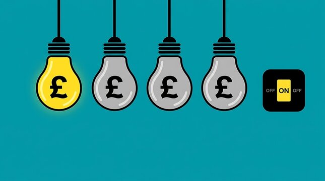 Four light bulbs with pound symbols and a switch on teal background lightbulb currency