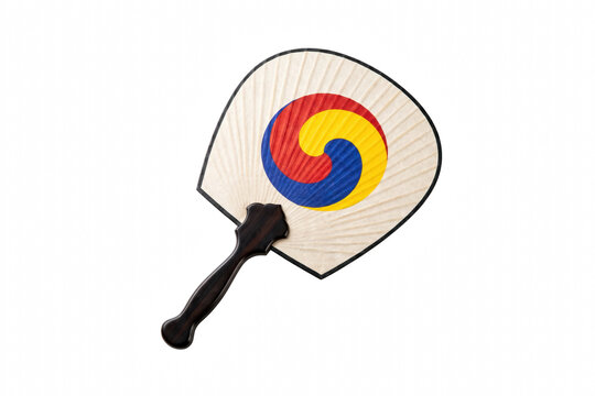 Traditional Korean Hand Fan with Tricolored Taegeuk Symbol
