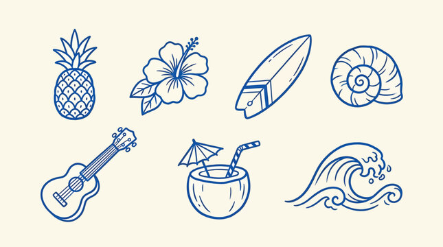 Set of tropical summer icons, hand drawn doodle elements, pineapple, hibiscus flower, surfboard, seashell, ukulele, coconut drink, wave