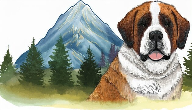 saint bernard dog in mountainous landscape watercolor painting