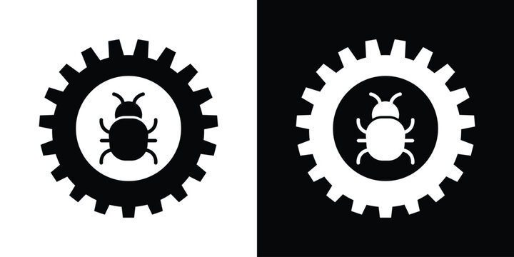 Bug fixing and system optimization icon showing a beetle insect inside a gear wheel, representing software debugging and maintenance.