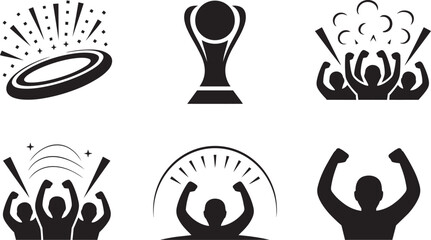 Fototapeta premium Celebration icons set trophy, cheering crowd, raised hands, confetti and victory and black and white in outline and solid styles