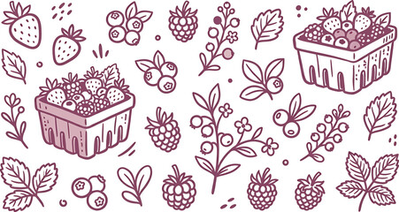 Seamless pattern with hand drawn berries, strawberries, blueberries, raspberries and leaves © SampaRani