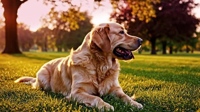 Golden Retriever relaxing in a park during sunset with lush green grass and trees in the background